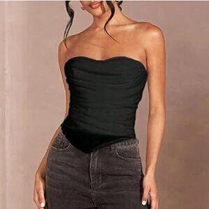 Sexy Mesh Strapless Ruched Corset Top Asymmetrical Tube Top Night Out Party
